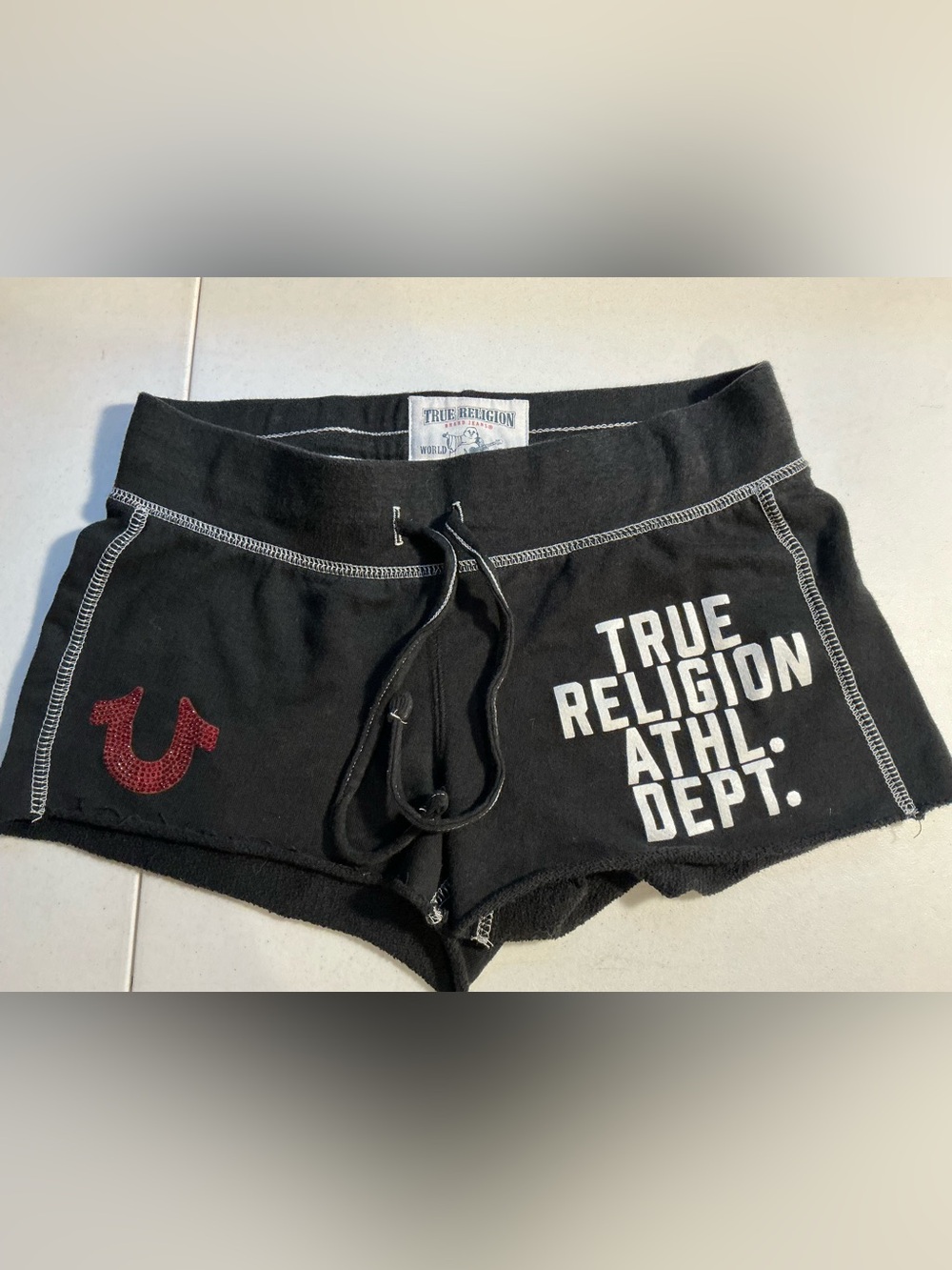 Vintage Y2K True Religion Black Women's Athletic Shorts with Red Rhinestone Logo